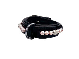 COLLIER EXCLUSIVE NOIR CUIR VERNI 1 RANG PERLES ROSE/CRISTAL